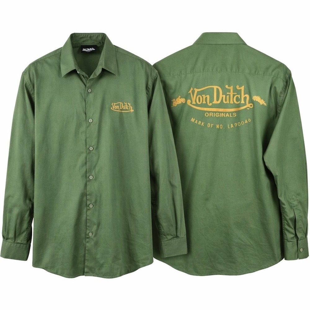 Von Dutch Shirt Men's L Green Button Up Long Sleeve Y2K Graphic Logo Streetwear